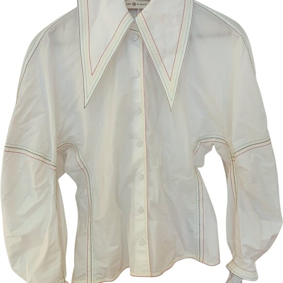 Tory Burch Topstitch Poplin Bow Blouse - Picture 1 of 6
